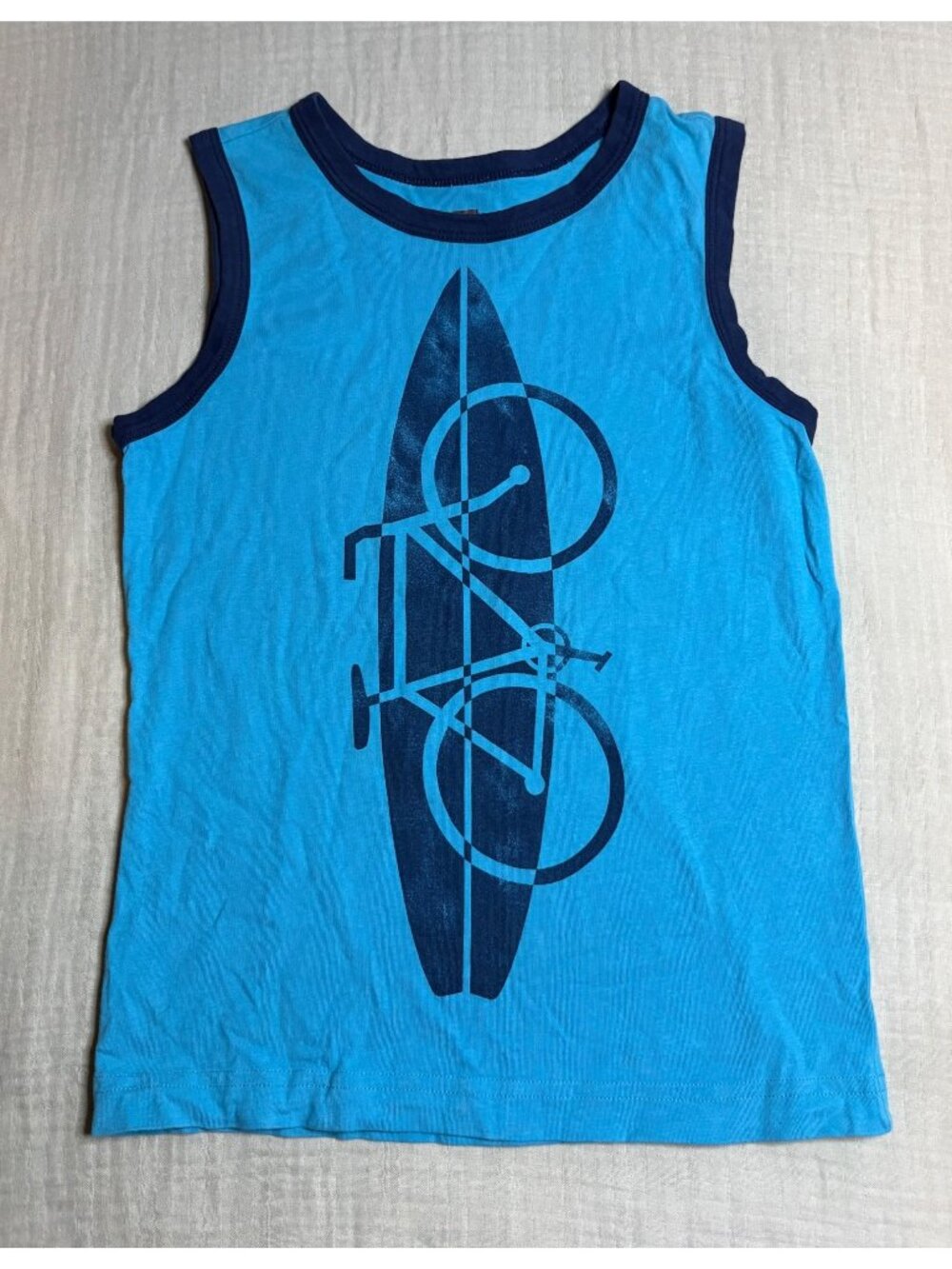Blue Sleeveless Boys Shirt By Tea Collection With Surfboard & Bike Graphic Sz 8